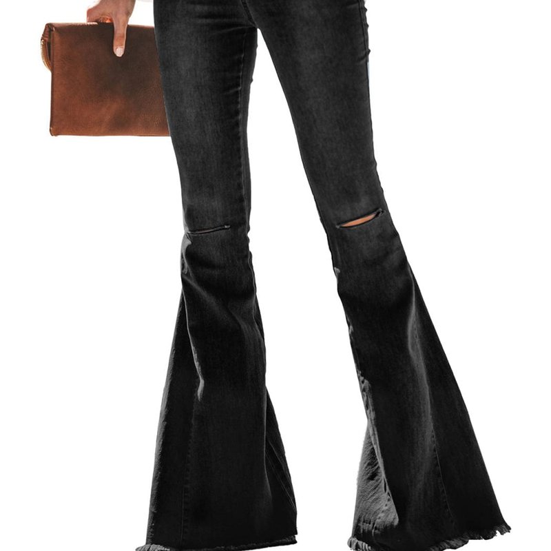 Anna-kaci Elastic Waist Distressed Flared Long Bell Bottom Denim Jeans In Black