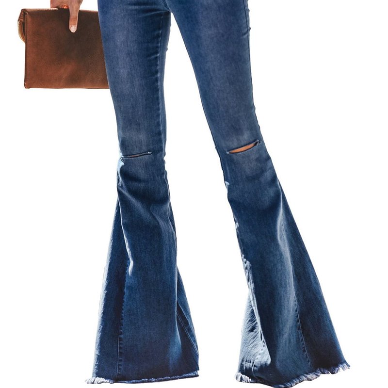 Anna-kaci Elastic Waist Distressed Flared Long Bell Bottom Denim Jeans In Blue