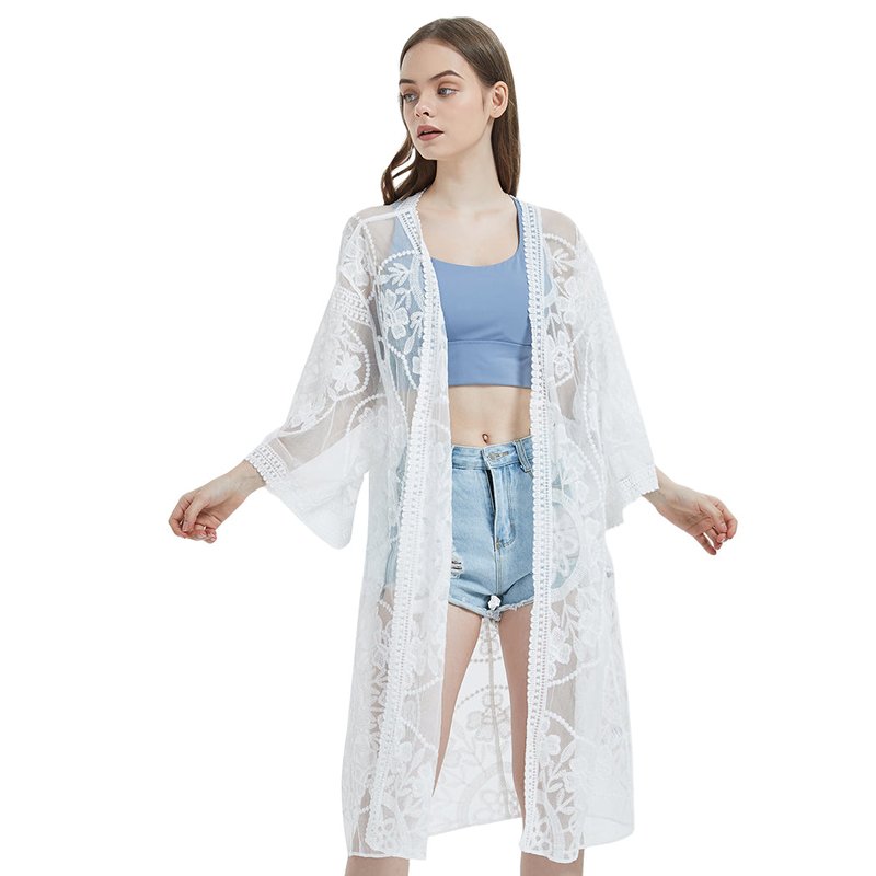 Anna-kaci Embroidered Floral Butterfly Kimono Cardigan In White