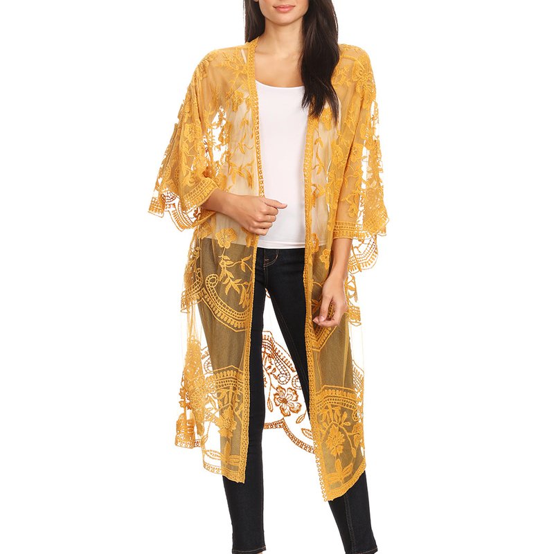 Shop Anna-kaci Embroidered Floral Butterfly Kimono Cover Up Cardigan In Yellow