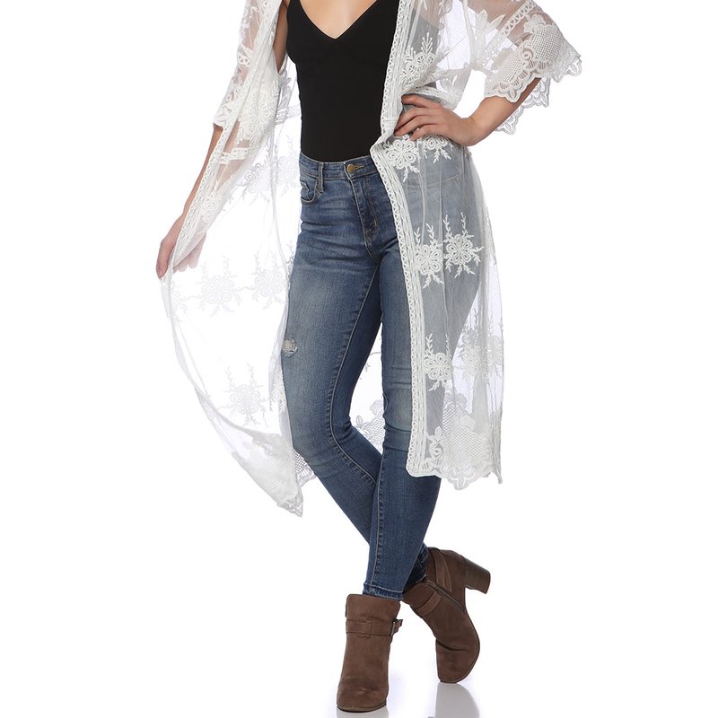 Shop Anna-kaci Embroidered Floral Butterfly Kimono Cover Up Cardigan In White