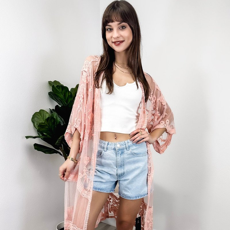 Shop Anna-kaci Embroidered Floral Butterfly Kimono Cover Up Cardigan In Pink