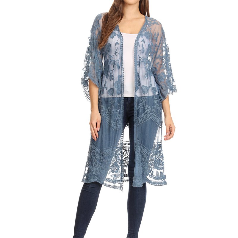 Shop Anna-kaci Embroidered Floral Butterfly Kimono Cover Up Cardigan In Blue