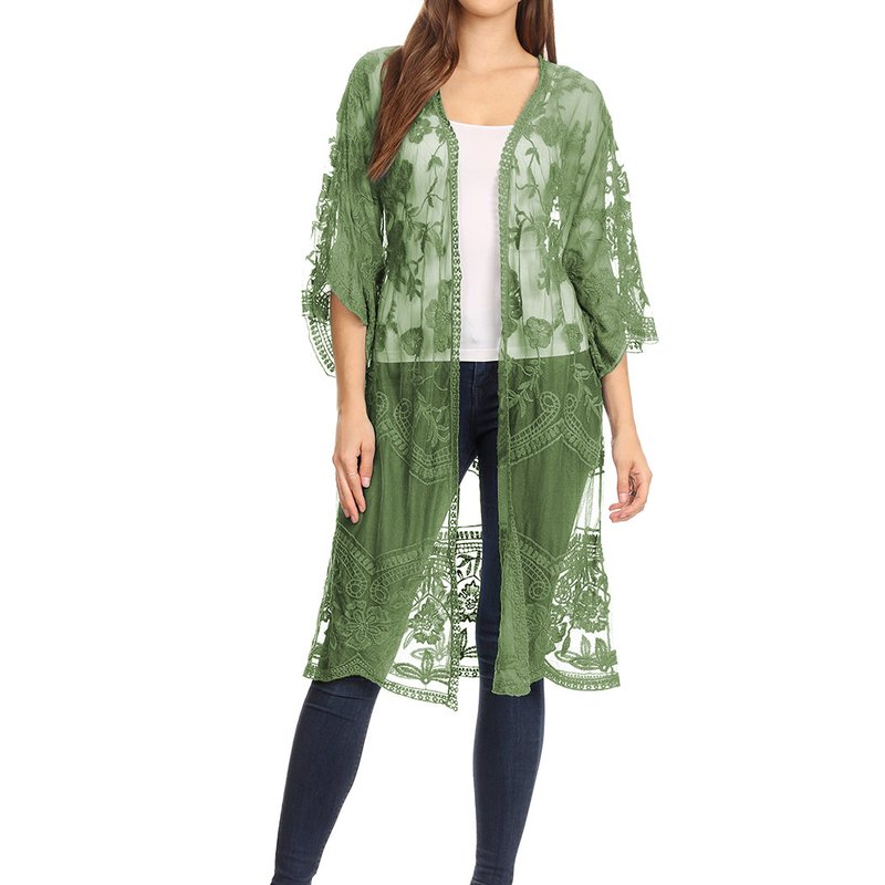 Shop Anna-kaci Embroidered Floral Butterfly Kimono Cover Up Cardigan In Green