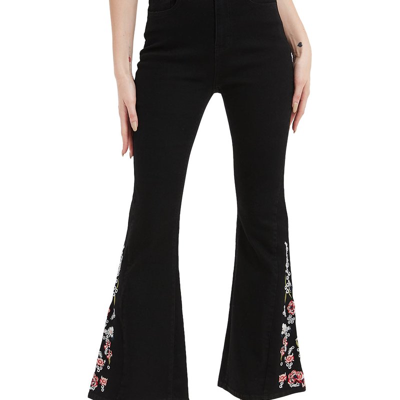 Anna-kaci Floral Daisy Embroidered Mid Rise Bell Bottom Flare Frayed Hem Jeans In Black