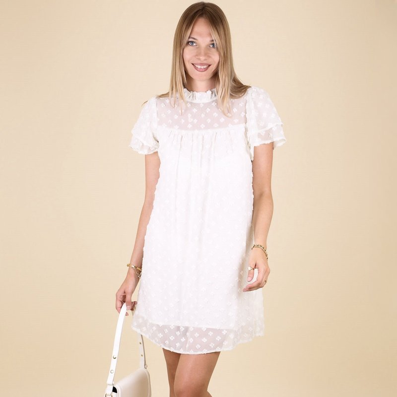 Anna-kaci Floral Embroidered Ruffle Neck Dress In White