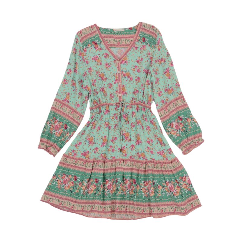 Anna-kaci Floral Print Front Button Down Dress In Green
