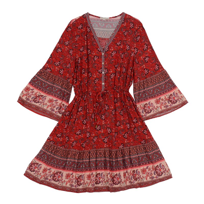 Anna-kaci Floral Print Front Button Dress In Red
