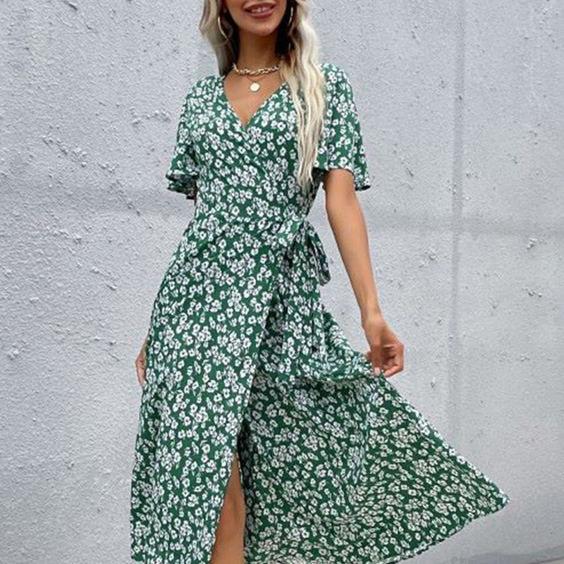 Anna-kaci Floral Print Summer Wrap Dress In Green