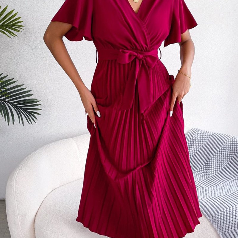 Anna-kaci Flutter Sleeve Pleated Wrap Dress In Red