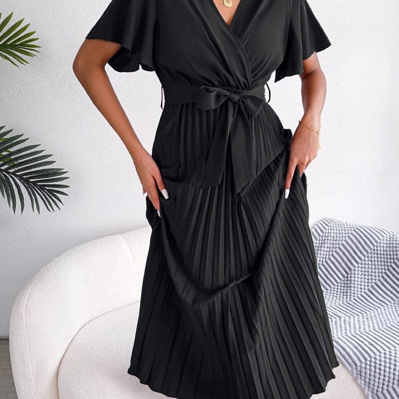 Anna-kaci Flutter Sleeve Pleated Wrap Dress In Black