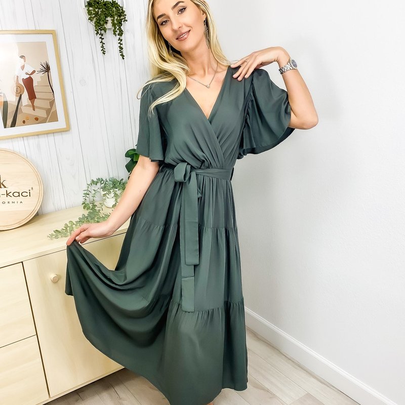 Anna-kaci Flutter Sleeve Wrap Dress In Green
