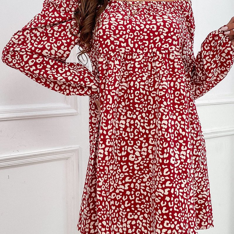 Anna-kaci Gathered Neck Leopard Print Dress In Red