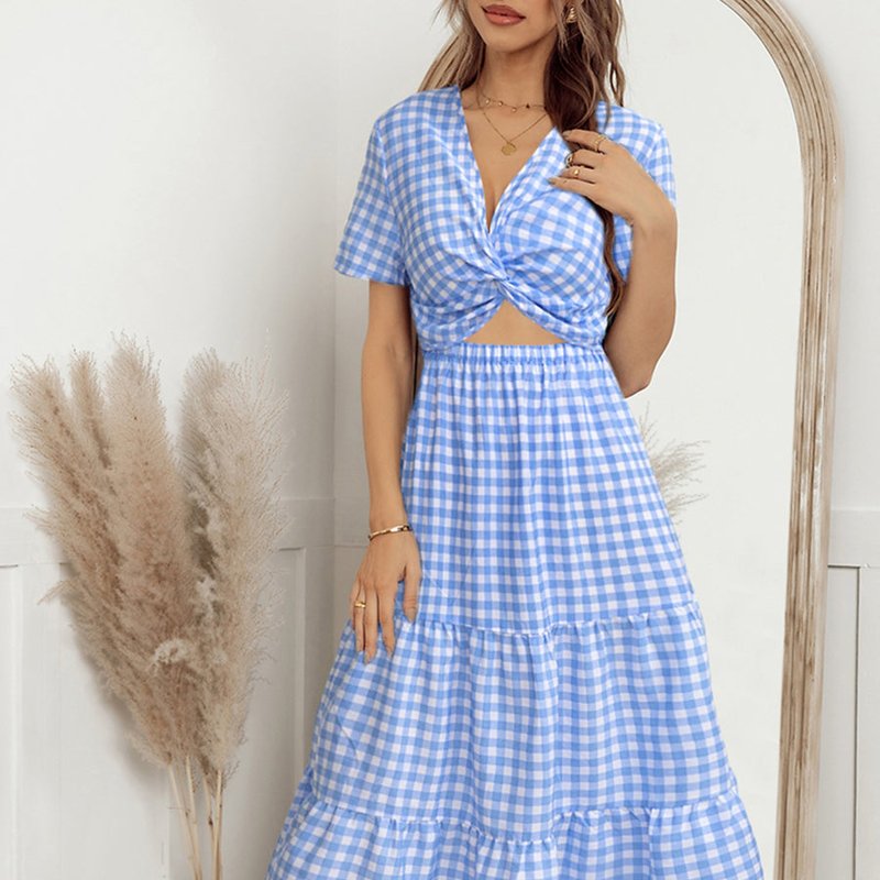 Anna-kaci Gingham Print Twist Front Dress In Blue