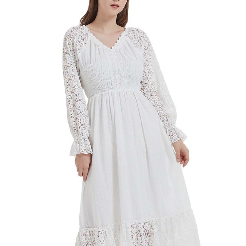 Anna-kaci I Womens Lace Long Sleeve V Neck Fall Maxi Dress In White