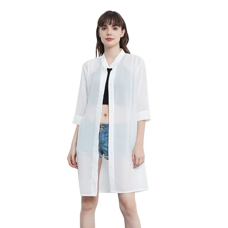 Anna-kaci Junior Womens Black Sheer Chiffon Long Tunic Blouse Dress Shirt In White
