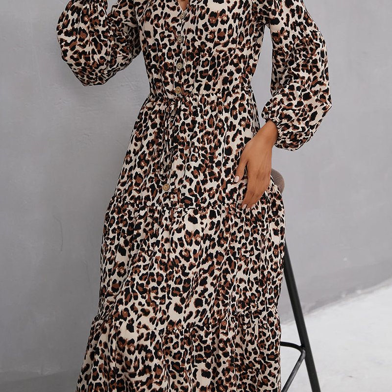 Anna-kaci Leopard Print Flowy Midi Dress In Brown