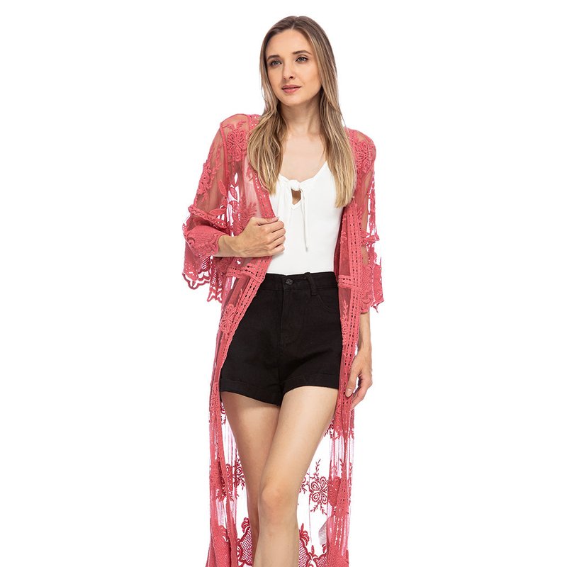 Anna-kaci Long Floral Lace Embroidered Kimono In Pink