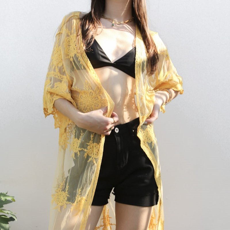 Anna-kaci Long Floral Lace Embroidered Kimono In Yellow