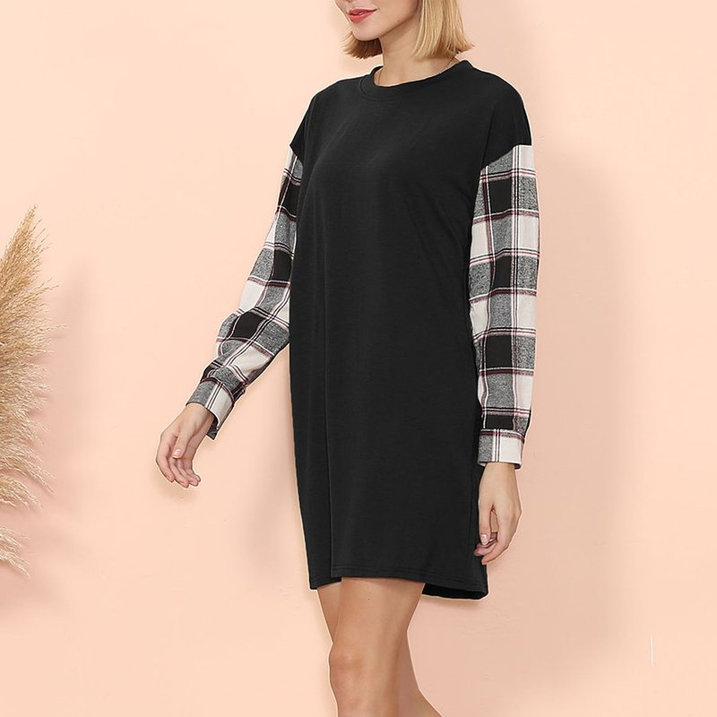 Anna-kaci Long Sleeve Plaid Print T-shirt Dress In Black