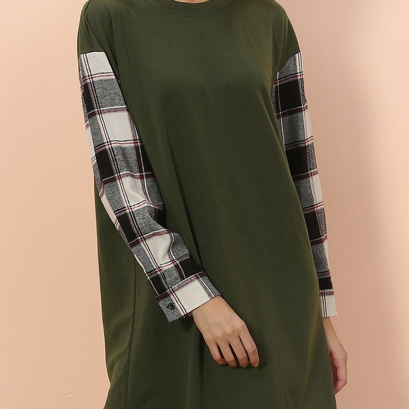 Anna-kaci Long Sleeve Plaid Print T-shirt Dress In Green