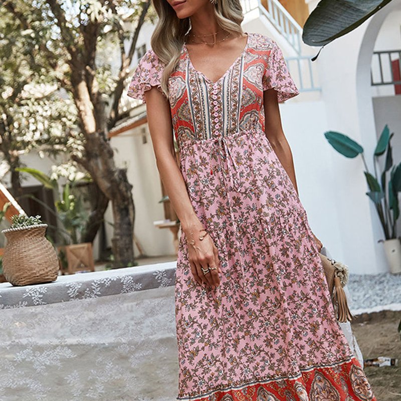 Anna-kaci Multicolor Printed Bohemian Dress In Pink