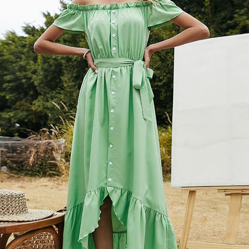 Anna-kaci Off Shoulder Belted Summer Dress In Green