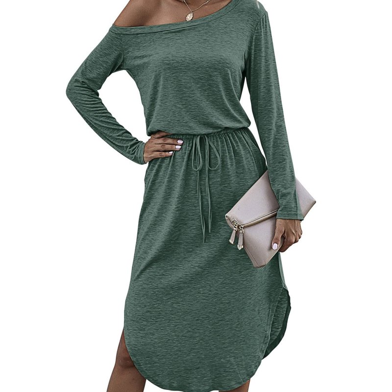 Anna-kaci Off Shoulder Scoop Dress In Green