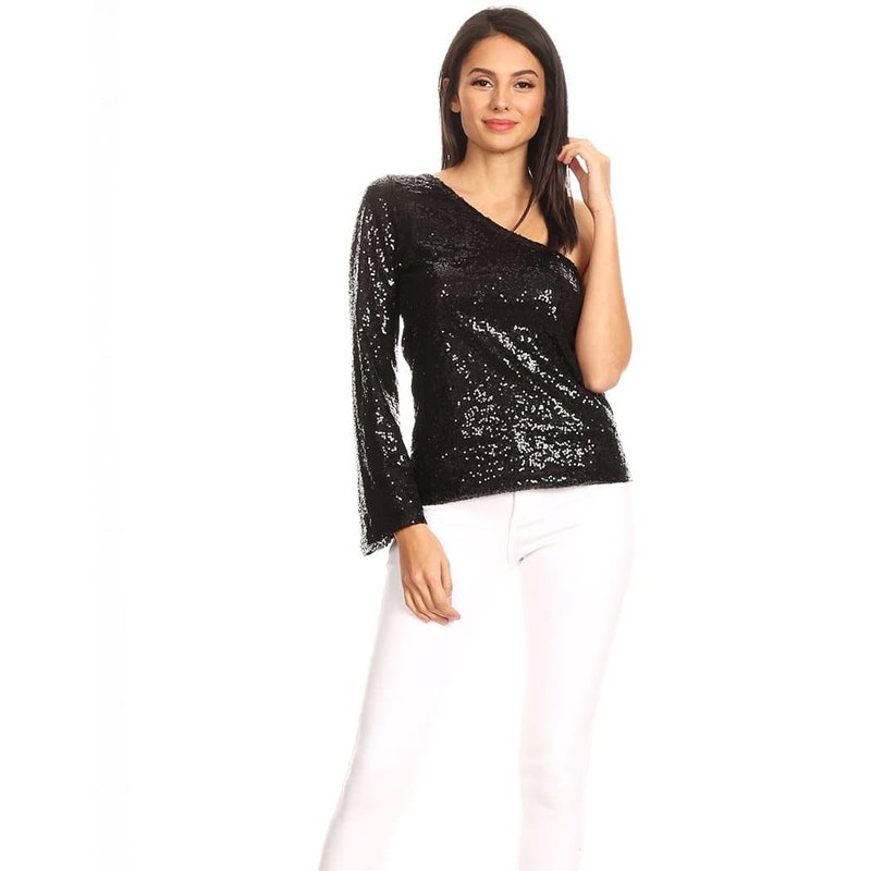 Anna-kaci One Shoulder Long Sleeve Sequin Party Top In Black