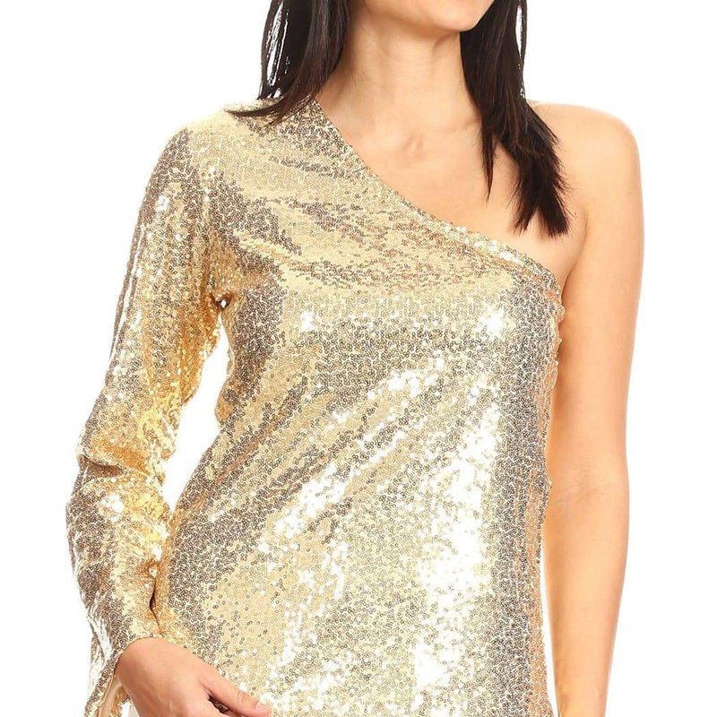 Anna-kaci One Shoulder Long Sleeve Sequin Party Top In Gold