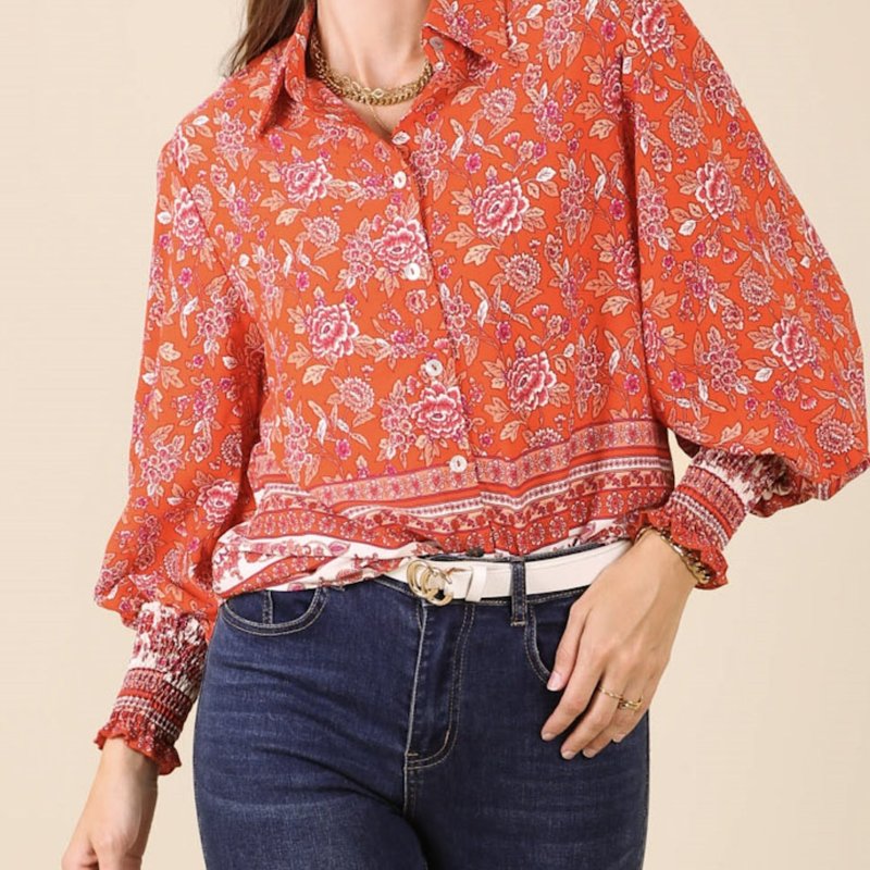 Anna-kaci Oriental Floral Collared Shirt In Red
