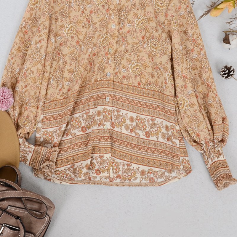 Anna-kaci Oriental Floral Collared Shirt In Brown
