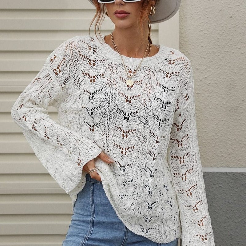 Anna-kaci Patterned Knit Bell Sleeve Sweater In White
