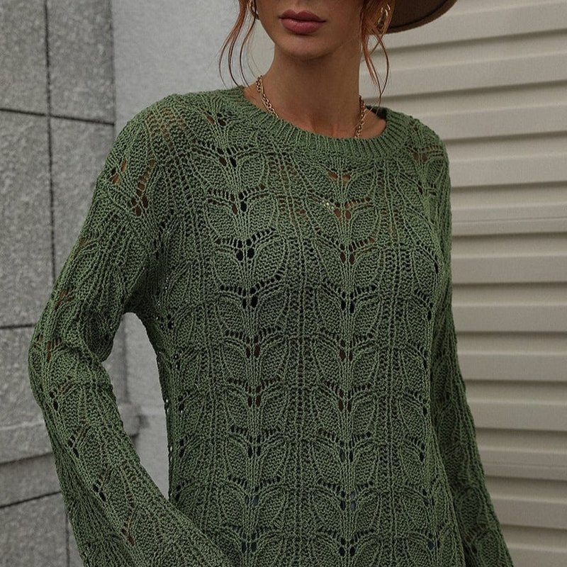 Anna-kaci Patterned Knit Bell Sleeve Sweater In Green