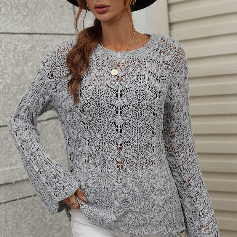 Anna-kaci Patterned Knit Bell Sleeve Sweater In Grey