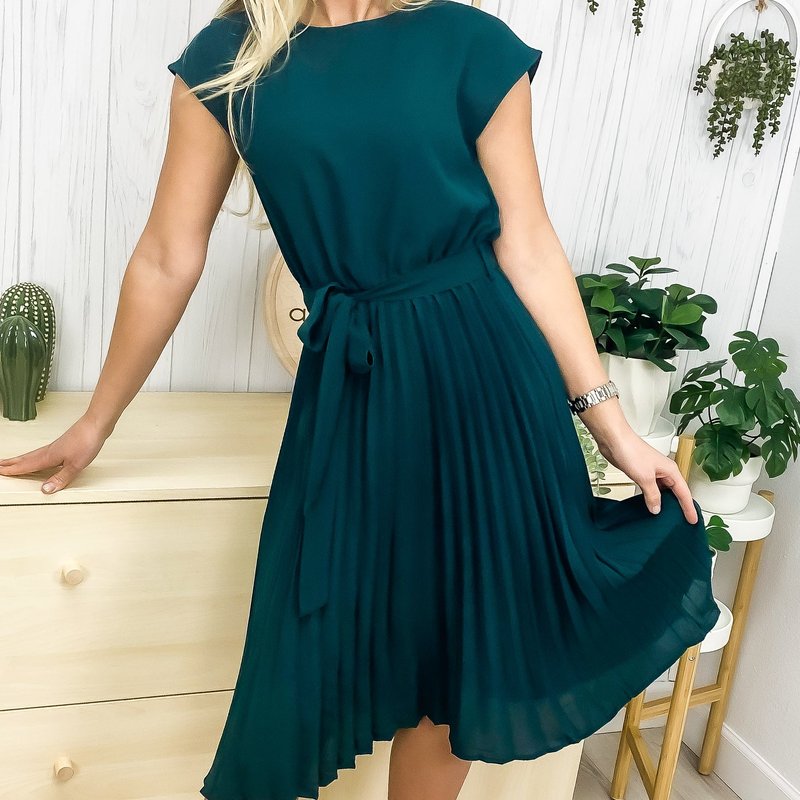 Anna-kaci Pleated Detailed Belted Dress In Green
