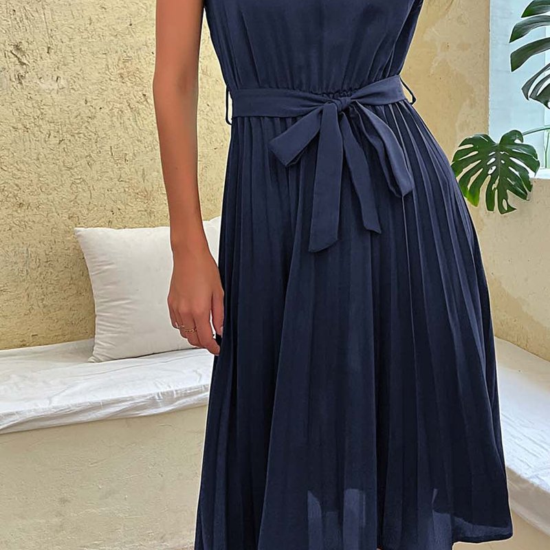 Anna-kaci Pleated Detailed Belted Dress In Blue