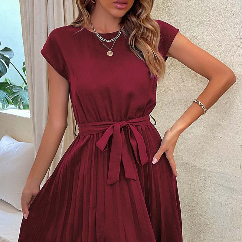 Anna-kaci Pleated Detailed Belted Dress In Red