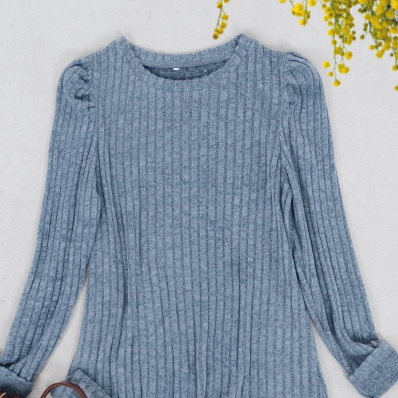 Anna-kaci Pleated Long Sleeve Knit Sweater In Blue