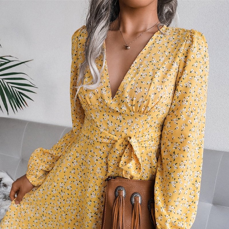 Anna-kaci Plunge Floral Long Sleeve Dress In Yellow