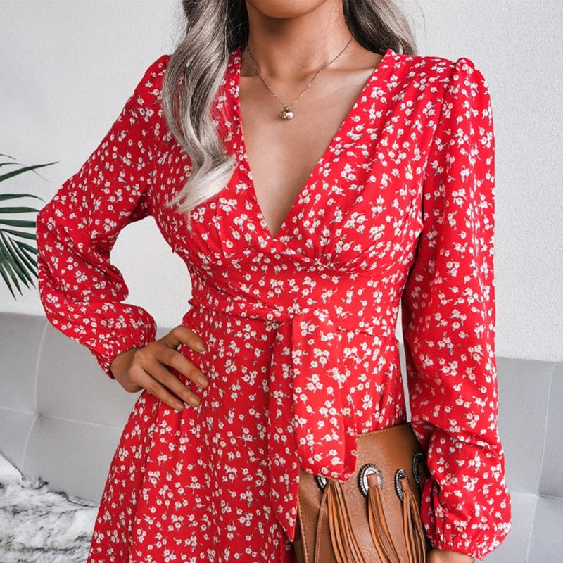 Anna-kaci Plunge Floral Long Sleeve Dress In Red