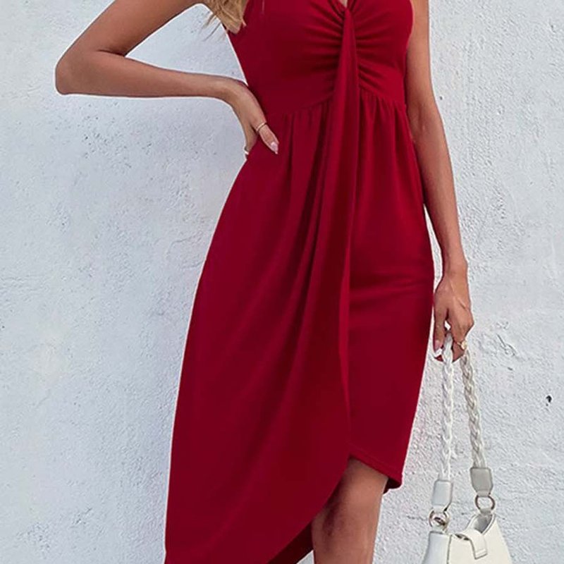 Anna-kaci Plunge Neck Draped Dress In Red