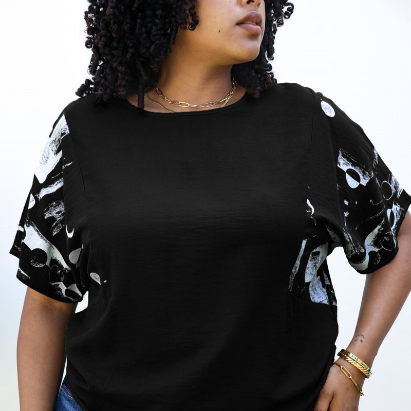 Anna-kaci Plus Size Abstract Contrast Sleeves Solid Blouse In Black