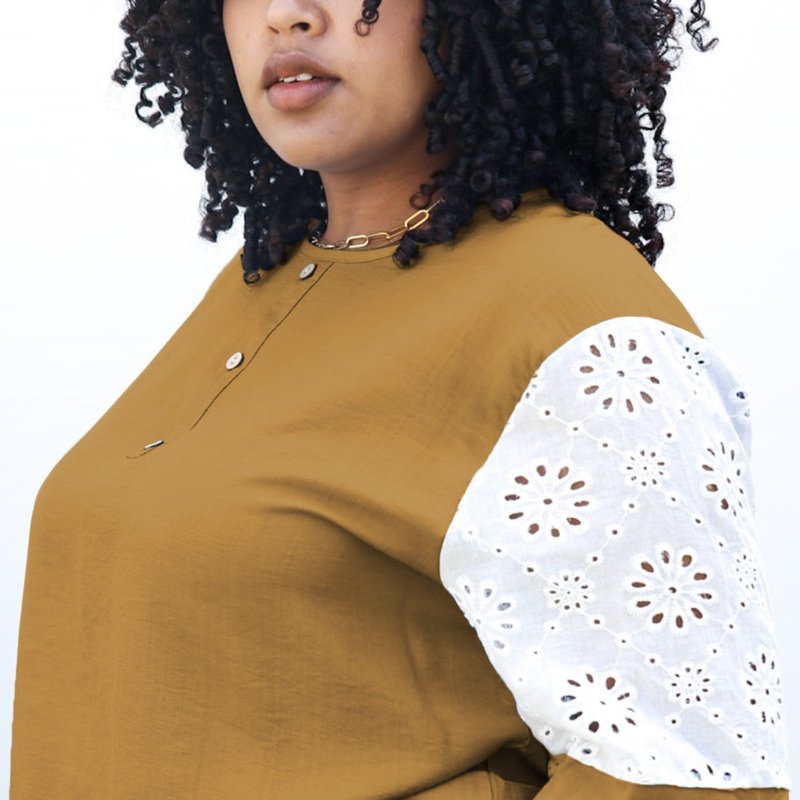 Anna-kaci Plus Size Boho White Floral Crochet Pattern Sleeve Blouse In Yellow
