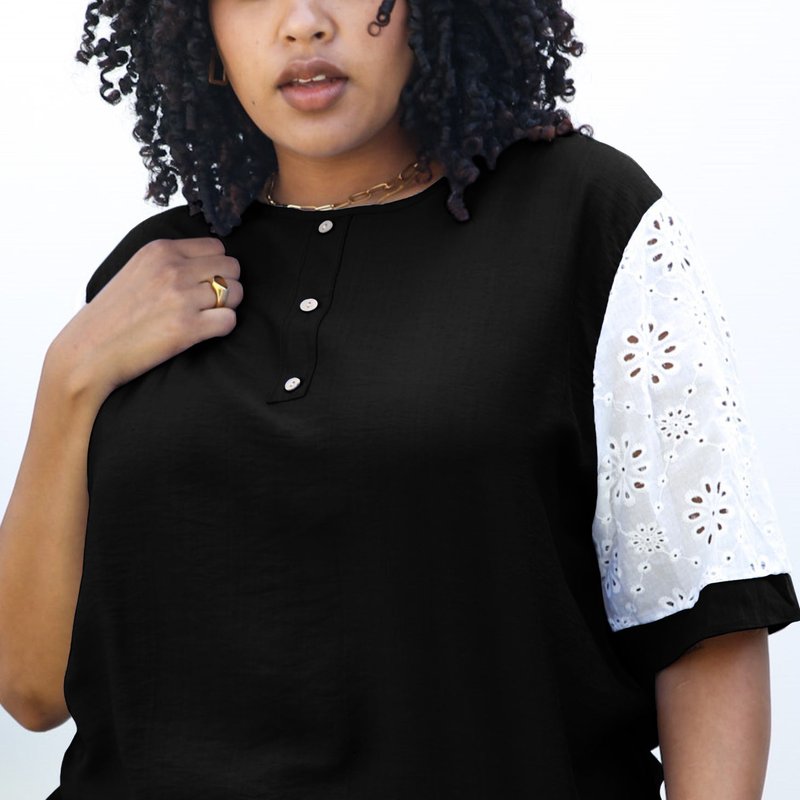 Anna-kaci Plus Size Boho White Floral Crochet Pattern Sleeve Blouse In Black