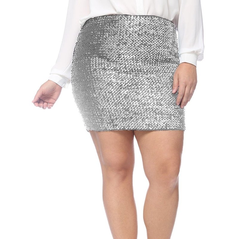 Anna-kaci Plus Size Metallic Sequin Stretch Mini Skirt In Grey