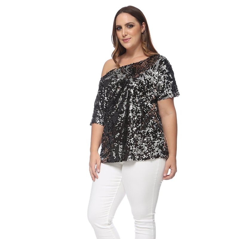 Anna-kaci Plus Size One Shoulder Sequin Top In Grey