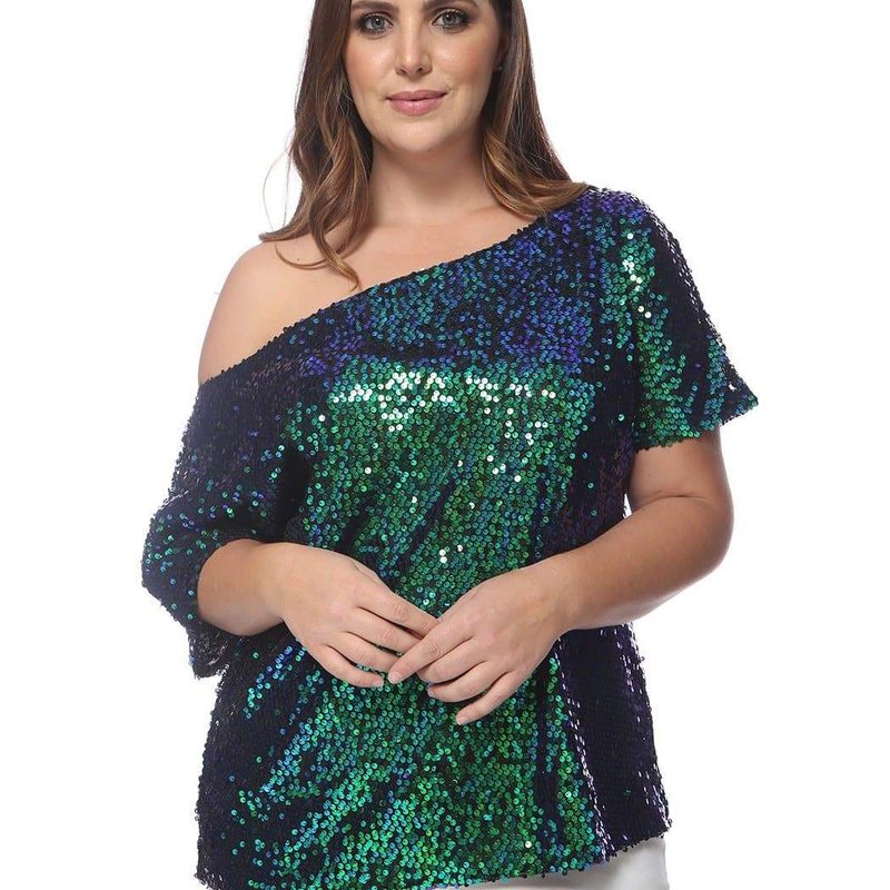 Anna-kaci Plus Size One Shoulder Sequin Top In Green