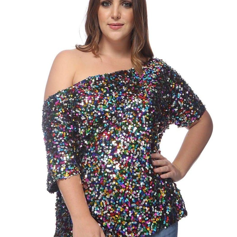 Anna-kaci Plus Size One Shoulder Sequin Top In Pink