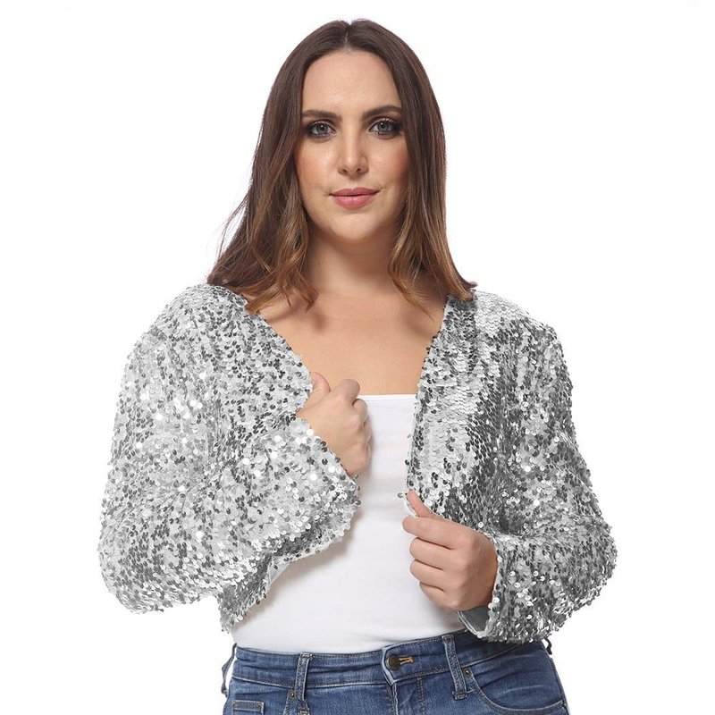 Anna-kaci Plus Size Sequin Bolero Blazer In Grey